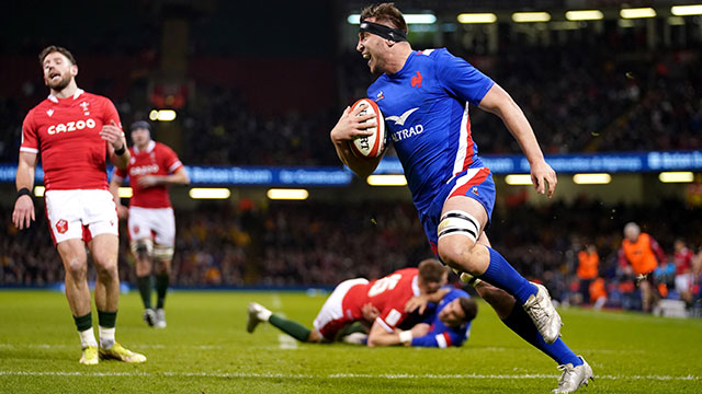 Anthony Jelonch scores a try for France against Wales in 2022 Six Nations