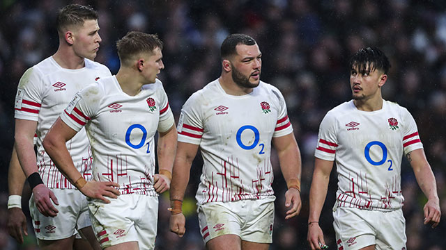 England players react after conceding a try during the France match in 2023 Six Nations