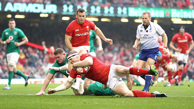 Hadleigh Parkes scores a try for Wales v Ireland in 2019 Six Nations