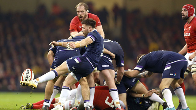 Ali Price kicks from the scrum during the Wales v Scotland match in 2018 Six Nations