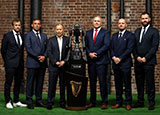 All six coaches pose with the trophy at Six Nations launch