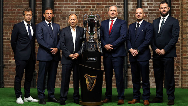 All six coaches pose with the trophy at Six Nations launch