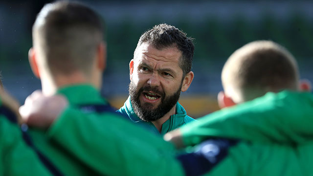 Andy Farrell talks to Ireland players before match against Wales in 2020 Six Nations