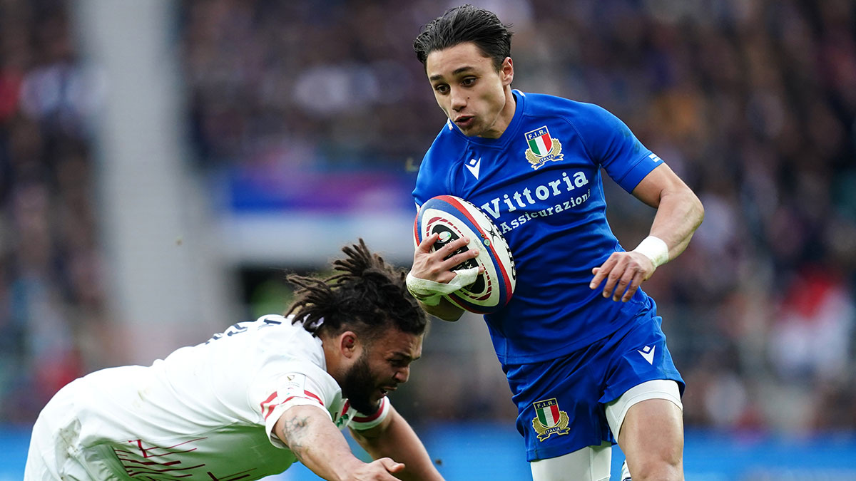 Ange Capuozzo in action for Italy against England during 2023 Six Nations