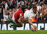 Anthony Watson scores a try for England against Wales in 2023 Six Nations