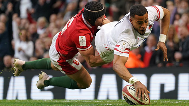 Anthony Watson scores a try for England against Wales in 2023 Six Nations