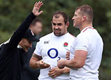 Ben Moon with Eddie Jones and Dylan Hartley during England training session