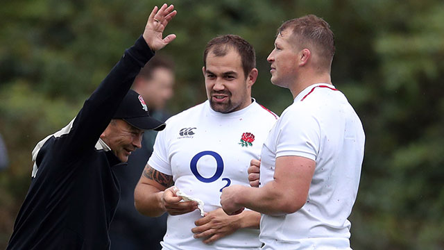 Ben Moon with Eddie Jones and Dylan Hartley during England training session