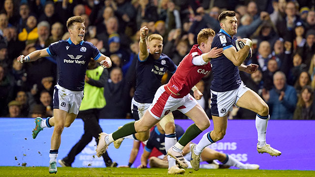 Blair Kinghorn breaks clear to score a try for Scotland v Wales in 2023 Six Nations