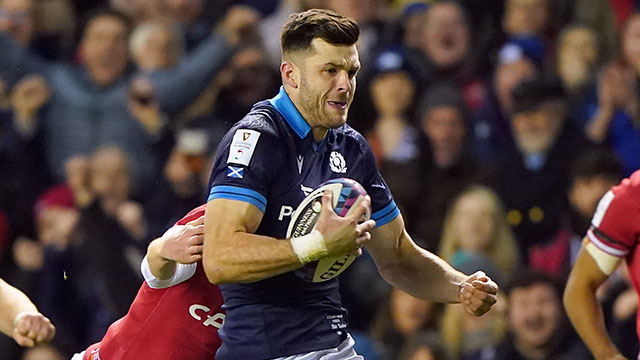 Blair Kinghorn on his way to scoring a try for Scotland v Wales in 2023 Six Nations