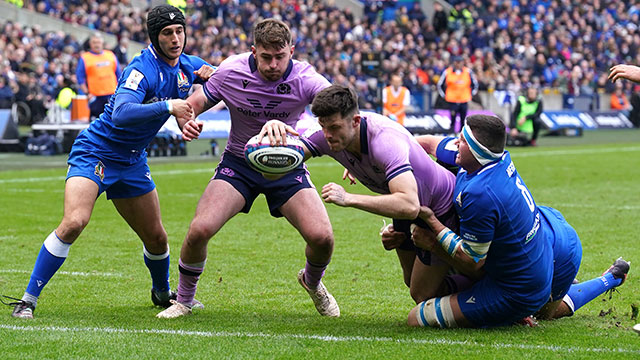 Blair Kinghorn scores a try for Scotland v Italy in 2023 Six Nations