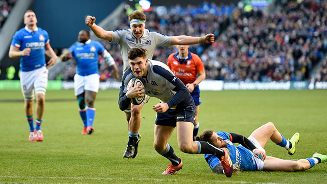 Blair Kinghorn scores his third try during the Scotland v Italy match