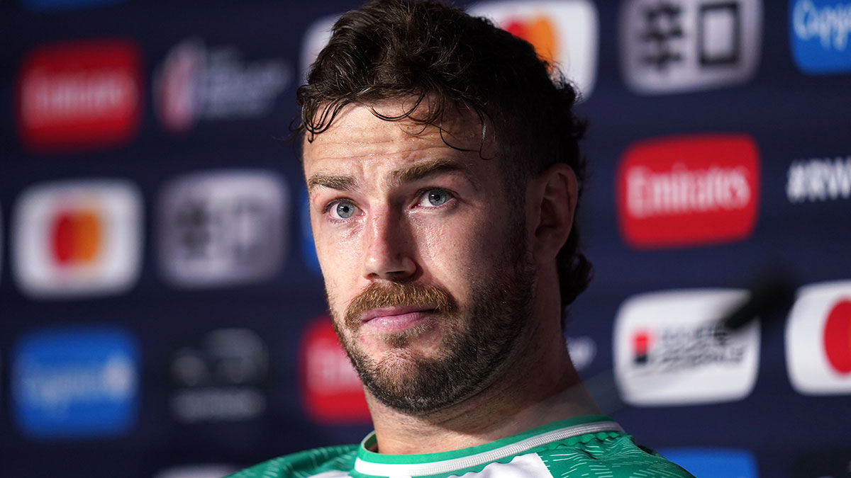 Caelan Doris at an Ireland press conference during 2023 Rugby World Cup