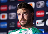 Caelan Doris at an Ireland press conference during 2023 Rugby World Cup