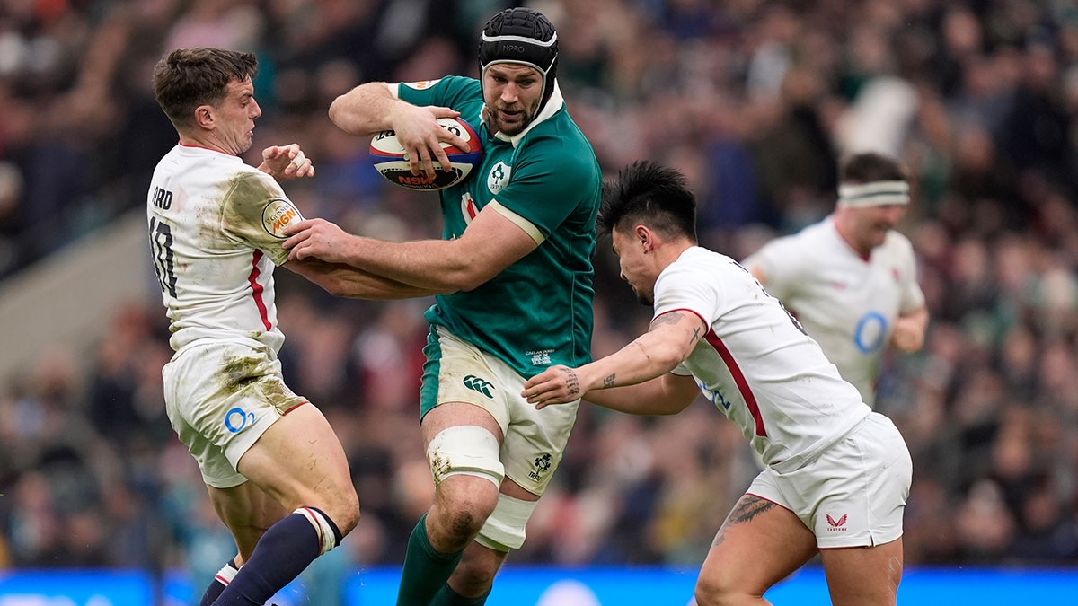 Caelan Doris in action for Ireland against England during 2026 Six Nations