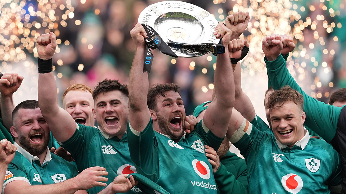 Caelan Doris lifts Triple Crown trophy after Ireland v Scotland match in 2026 Six Nations