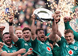 Caelan Doris lifts Triple Crown trophy after Ireland v Scotland match in 2026 Six Nations