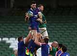 Charles Ollivon and Iain Henderson contest a line out during Ireland v France in 2021 Six Nations