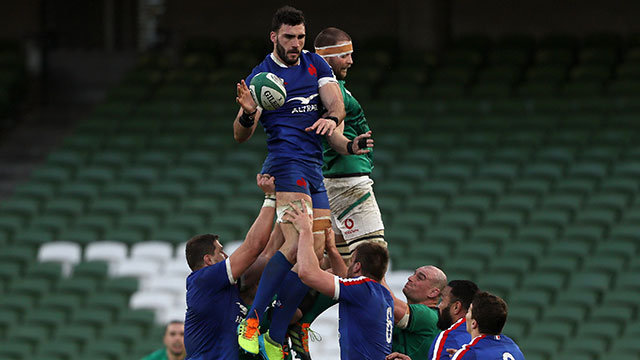 Charles Ollivon and Iain Henderson contest a line out during Ireland v France in 2021 Six Nations