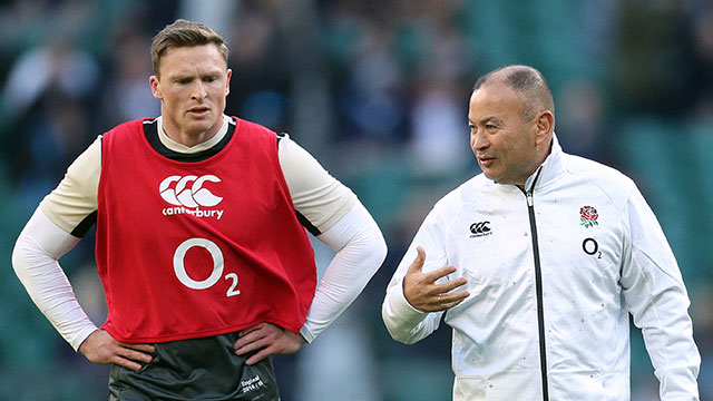 Chris Ashton talks with Eddie Jones during an England training session