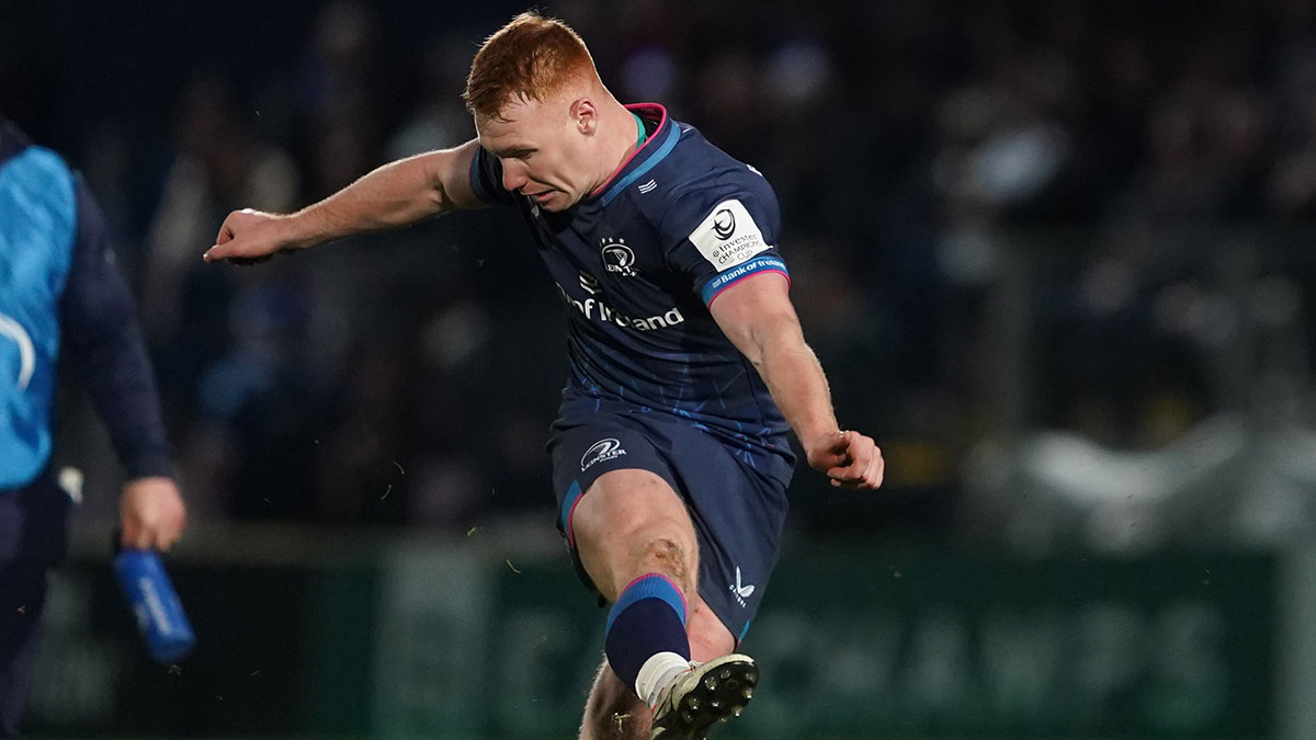 Ciaran Frawley kicks a penalty for Leinster against Sale Sharks