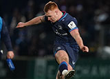 Ciaran Frawley kicks a penalty for Leinster against Sale Sharks