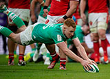 Ciaran Frawley scores a try for Ireland v Wales in 2024 Six Nations