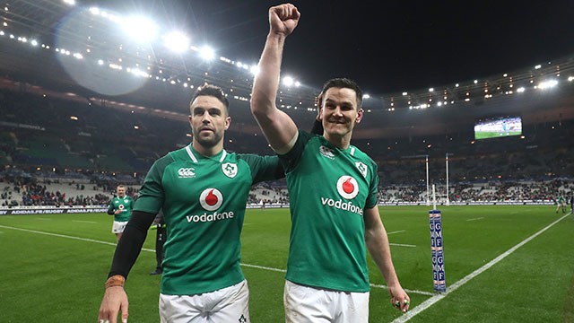 Conor Murray and Johnny Sexton celebrate victory in Paris