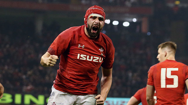 Cory Hill celebrates scoring a try for Wales v England in 2019 Six Nations