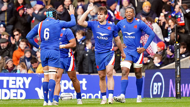 Damian Penaud celebrates scoring a try for France against Scotland in 2022 Six Nations
