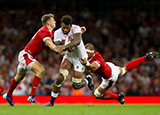 Dan Biggar tackles Courtney Lawes in a Wales versus England game