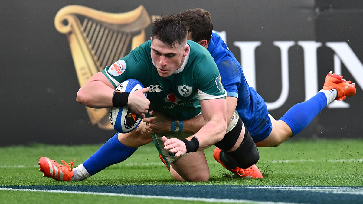 Dan Sheehan scores a try for Ireland against Italy During 2025 Six Nations