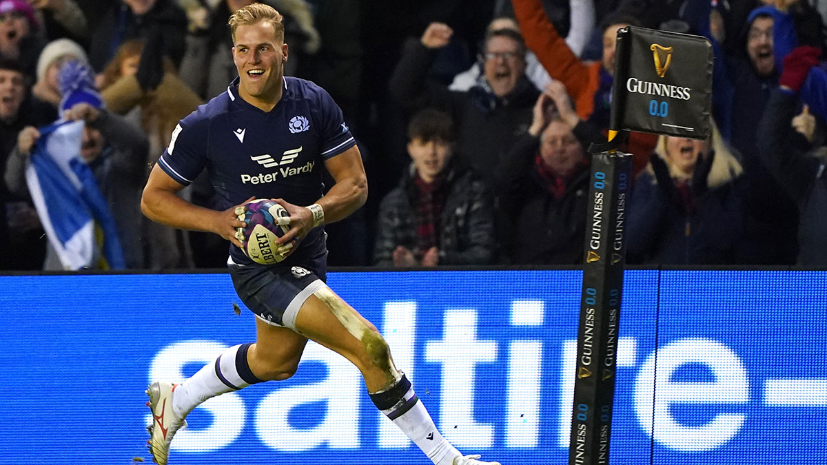Duhan van der Merwe scores a third try for Scotland v England in 2024 Six Nations