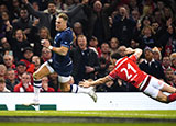 Duhan van der Merwe scores a try for Scotland against Wales during 2024 Six Nations