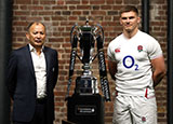 Eddie Jones and Owen Farrell pose with trophy at 2020 Six Nations launch