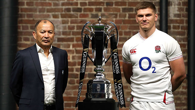 Eddie Jones and Owen Farrell pose with trophy at 2020 Six Nations launch