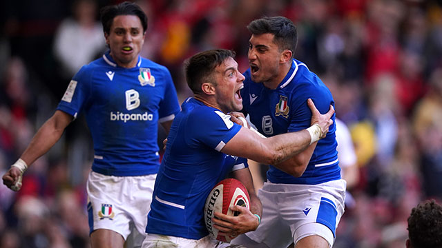 Edoardo Padovani celebrates scoring a try for Italy against Wales in 2022 Six Nations