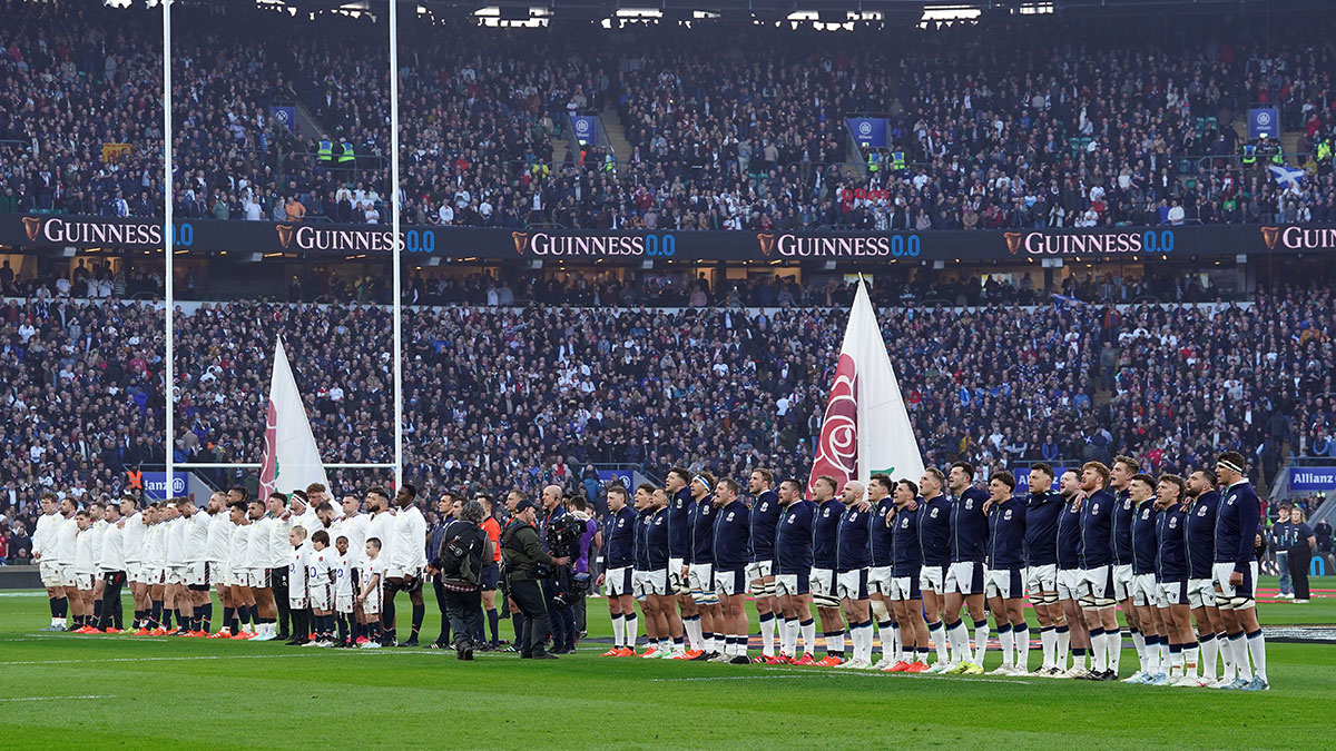 England and Scotland players line up at Twickenham during 2025 Six Nations