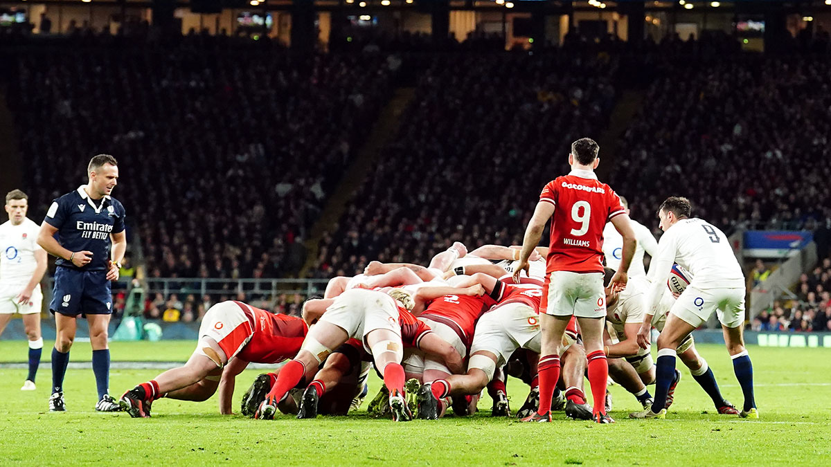 England and Wales players in scrum during 2024 Six Nations
