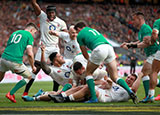 England celebrate their third try against Ireland at Twickenham in 2020 Six Nations