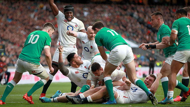 England celebrate their third try against Ireland at Twickenham in 2020 Six Nations