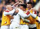 England players celebrate Elliot Daly try against Ireland in 2020 Six Nations