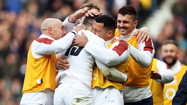 England players celebrate Elliot Daly try against Ireland in 2020 Six Nations