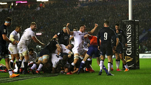 England players celebrate Ellis Genge try against Scotland in 2020 Six Nations