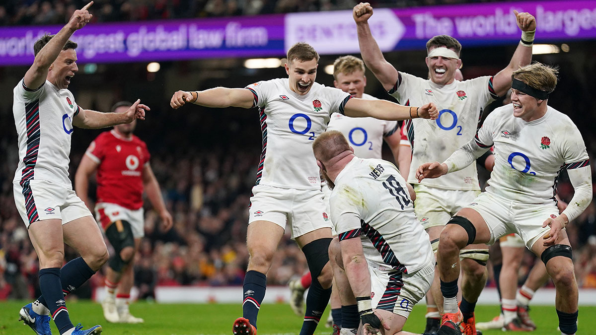 England players celebrate Joe Heyes try against Wales during 2025 Six Nations