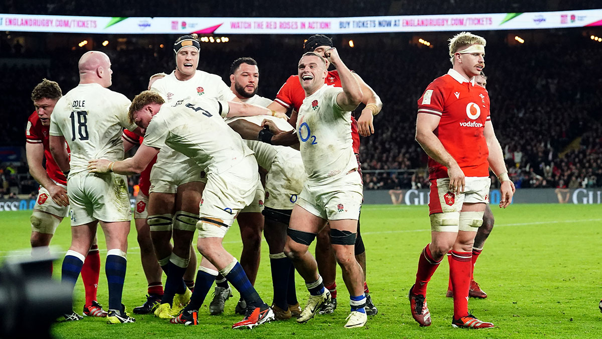 England players celebrate victory over Wales in 2024 Six Nations