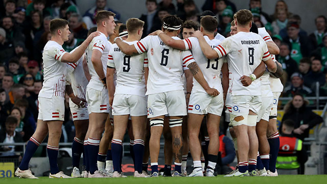 England players gather in huddle during match against Ireland in 2023 Six Nations