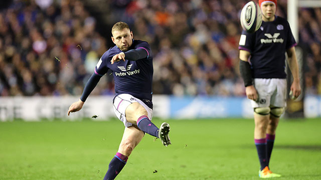 Finn Russell kicks a penalty for Scotland v England in 2022 Six Nations