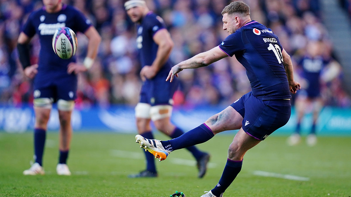 Finn Russell kicks a penalty for Scotland v France during 2026 Six Nations