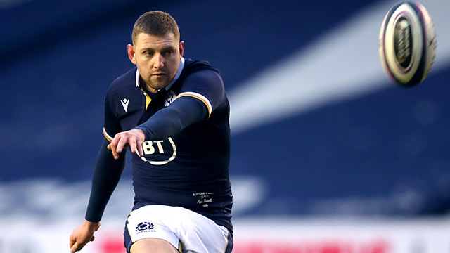 Finn Russell kicks for Scotland against Wales during 2021 Six Nations